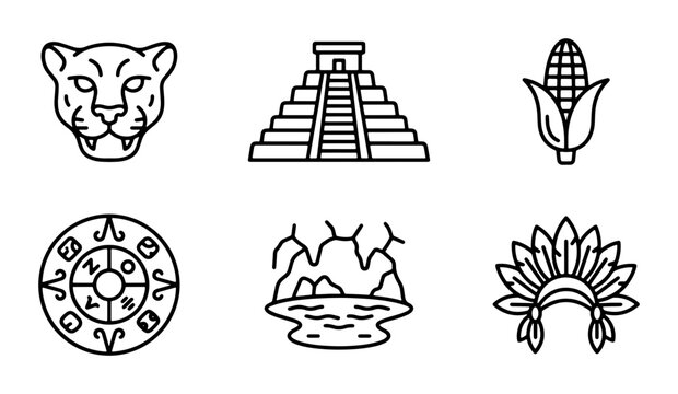 Mayan Civilization Icons, Ancient Culture Symbols, Aztec Pyramid, Jaguar Head, Corn, Calendar