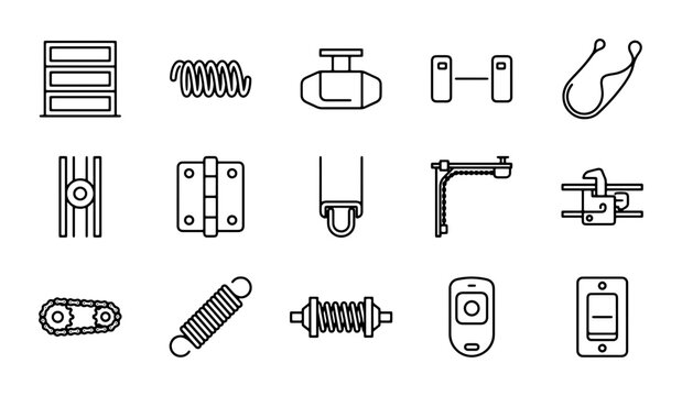 Garage Door Parts Icons, Roller Shutter Components, Industrial Hardware Vector Set