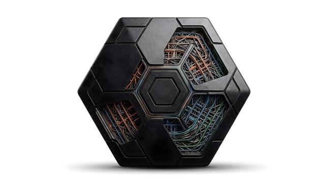 Matte Black Hexagonal Cyber Core with Intricate Circuit Wiring Isolated on White Background