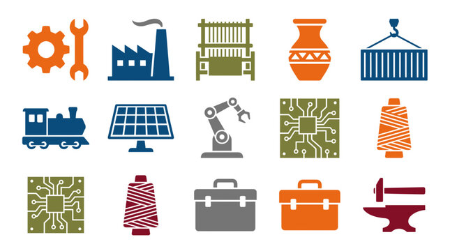 Industrial manufacturing and technology icons featuring machinery tools energy and electronics.