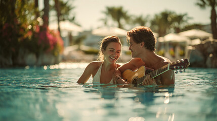 Fototapeta premium Happy young couple in love playing guitar in a swimming pool at a luxury resort during a sunny summer vacation