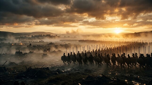 Ancient greek hoplite soldiers marching in a massive phalanx formation across a misty battlefield during a dramatic golden sunset with spears raised high under a dark and moody cloudy sky