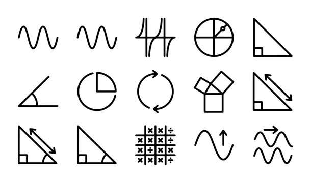 Mathematics Icons Set: Geometry, Algebra, Trigonometry Symbols, Vector Graphics