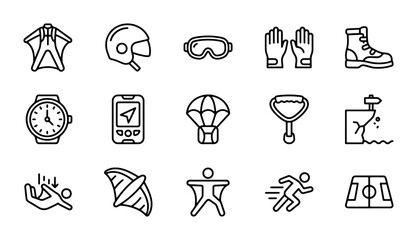 Extreme Sports Icons: Wingsuit, Skydive, Run, Ski, Cliff Dive, Watch, GPS, Football Field, Helmet, Goggles, Gloves, Boots © Tarek