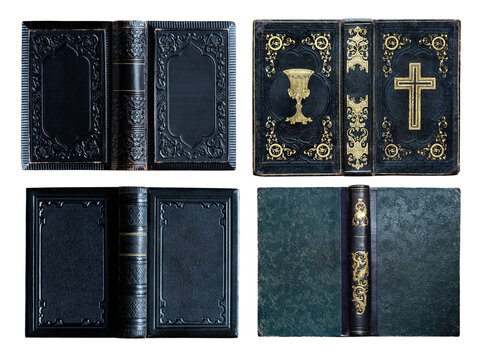 Old cover book collection isolated on white. Antique hardcover book with an ornate decorative binding made of cloth ; featuring rich gold embossing. Isolated on a white background 