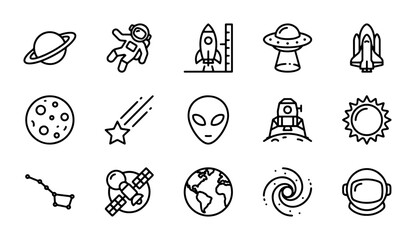 Space Icons Set: Astronaut, Rocket, UFO, Planets, Alien, Stars, Galaxy, Sun, Moon, Earth, Constellation, Satellite, Spaceship, Helmet, Nebula © Tarek