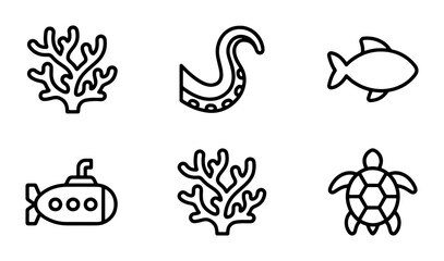 Marine Life Icons Set, Ocean Creatures Vector Graphics, Underwater Elements Collection, Nautical Symbols © Tarek