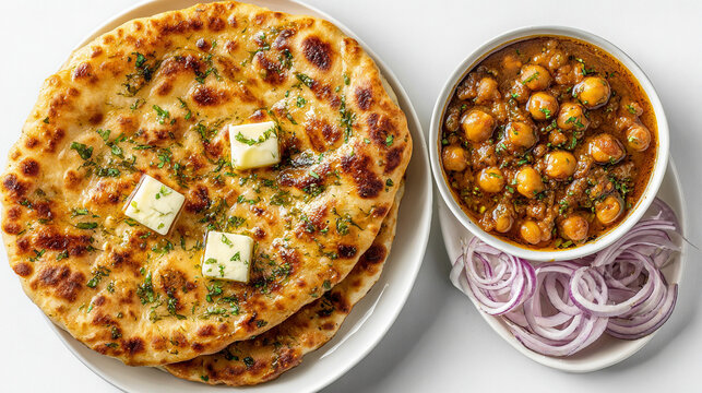 Delicious indian dish amritsari kulcha with chole and onion rings isolated on white background