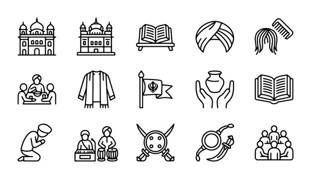 Sikhism Icons Set, Religious Symbols, Gurdwara, Turban, Kirpan, Khanda, Vector Graphics