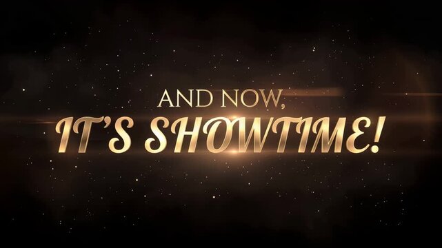 Elegant Gold Showtime Title Text Animation with Sparkling Particle Effects and Cinematic Lens Flare on Black Background