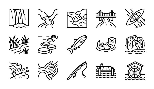 River and Water Icons: Waterfall, Kayak, Fish, Otter, Bridge, Fishing Rod, Water Wheel