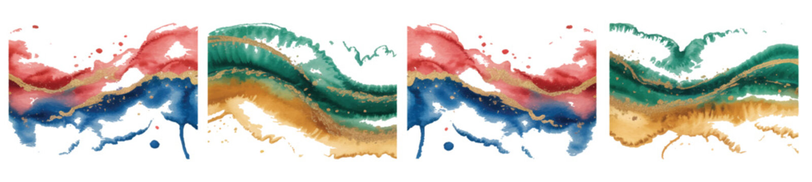 Abstract Watercolor and Alcohol Ink Panoramic Banner Background, Vibrant Liquid Fluid Art Texture Border with Elegant Gold Foil Glitter Lines, Colorful Waves Graphic Template with Copy Space