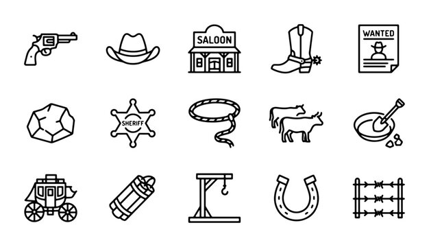 Western Icons Set: Cowboy Hat, Revolver, Saloon, Wanted Poster, Horse Shoe, Lasso, Wagon