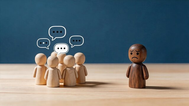 Sad wooden doll standing alone separated from group of chatting figures, representing social exclusion bullying or loneliness concept.