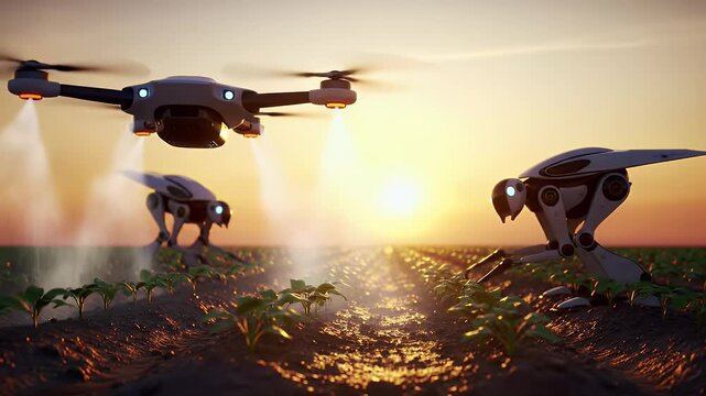 Futuristic robots and drone tend to young plants in a field at sunset