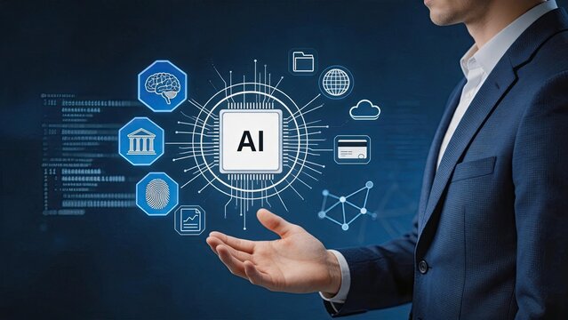 Artificial intelligence AI chip processor core with holographic interface icons representing brain, biometric fingerprint, banking, cloud storage, and global network connectivity