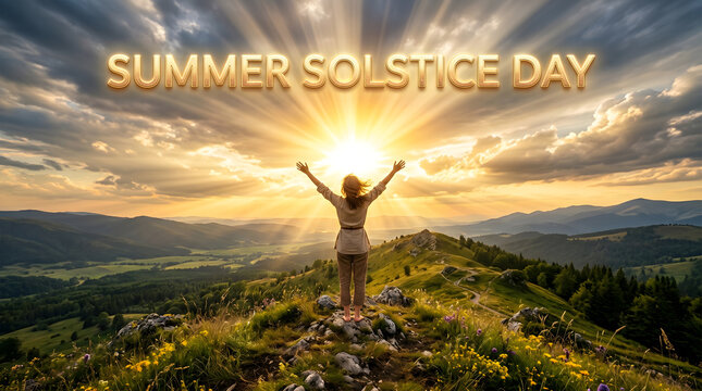 Summer solstice celebration, woman on hill, sunrise landscape, seasonal greeting