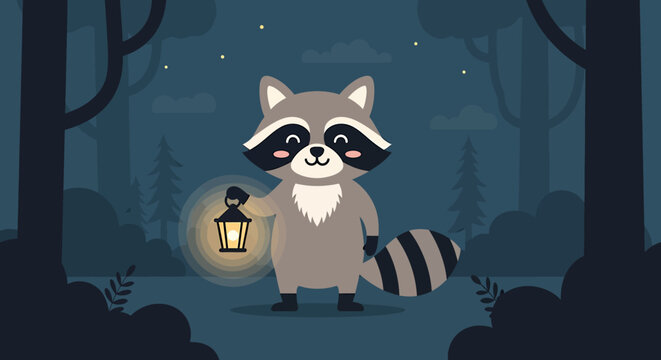 Raccoon holding lantern in darkness.