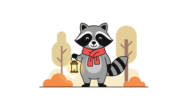 Raccoon wearing red scarf outdoors.