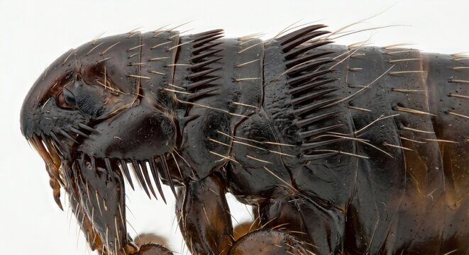 Extreme microscopic detail of flea head showing pronotal combs and exoskeleton
