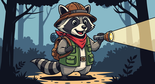 Raccoon wearing hat and backpack outdoors.