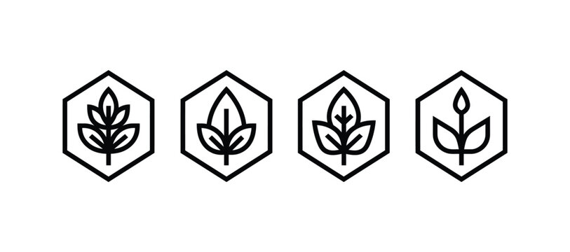 Leaf logo icons in hexagonal shapes with black line art style