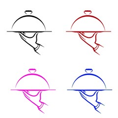 Fototapeta premium Waiter hand holding a food cloche platter line art icon set in black red pink and blue isolated on white background