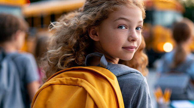 Ein l&auml;chelndes M&auml;dchen mit gelbem Rucksack steht vor einem Schulbus und schaut &uuml;ber die Schulter.