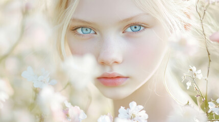 Fototapeta premium Serene Portrait of a Young Woman Amid Blooming Flowers