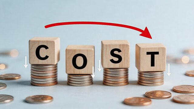 Cost reduction business concept with wooden blocks spelling cost on stacks of coins, red arrow pointing down indicating budget cuts, savings, expense management and financial