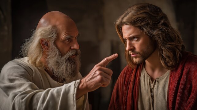 A confrontational interior scene of the prophet nathan exposing david through a parable as conviction and judgment fall in heavy silence.