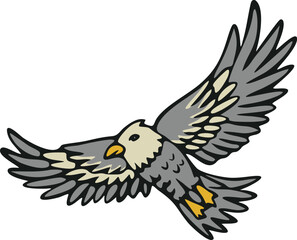 Fototapeta premium Colorful cartoon line illustration of an eagle flying with wings spread, shown in dynamic side view as an isolated wildlife emblem on white