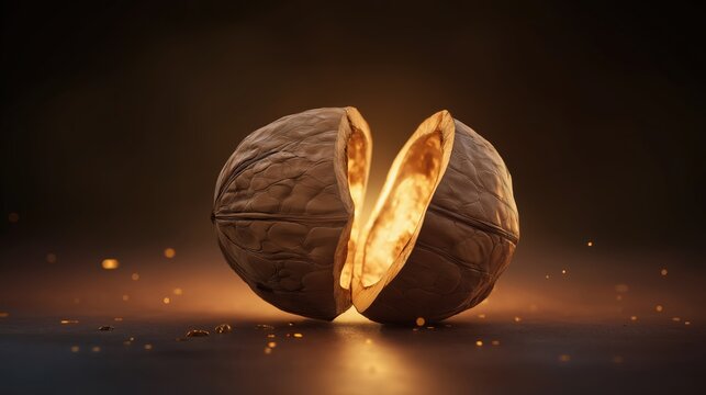 Cracked walnut opening like a glowing door in darkness, symbolizing hidden potential, warmth, and inner transformation.