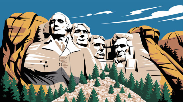 Iconic Mount Rushmore National Memorial featuring carved presidential faces amidst a scenic mountain landscape with pine trees.