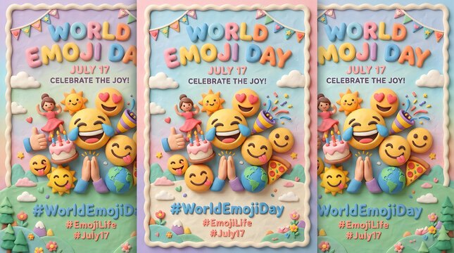 World emoji day vertical poster collection with clay style icons, celebration