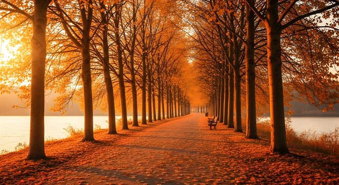 Autumn serenity tree lined path by the water's edge wallpaper