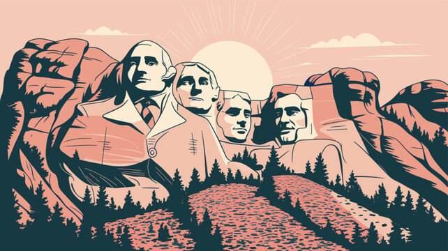 Stylized illustration of Mount Rushmore National Memorial with a sunrise behind the sculpted presidential faces and pine trees in the foreground.