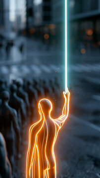 Eine leuchtende menschliche Figur aus orangefarbenem Licht steht vor einer Menschenmenge und strahlt einen Lichtstrahl aus.