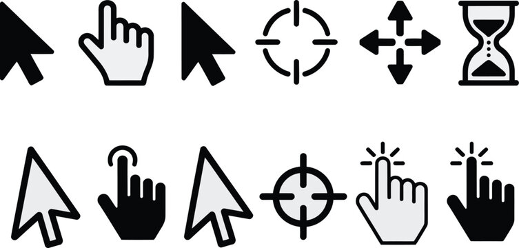 Collection of computer cursor and hand in black digital