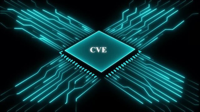 Blue C V E microchip with glowing circuit board lines on black background for tech and cybersecurity concepts. Technology and network concept. 4k video animation on black background.