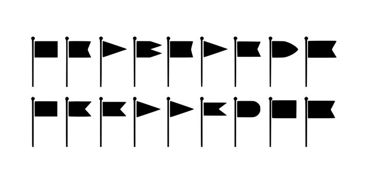 Flags Set of Black and White Icon Silhouettes with Poles, Waving Shapes, and Assorted Orientations for Graphic Design