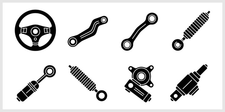 Car Parts Icons Steering Wheel Suspension Arms Shock Absorbers And Fuel Injector
