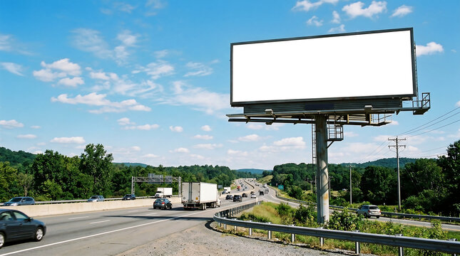 A large blank billboard stands on the side of a busy highway with cars and trucks driving by under a blue sky with clouds.