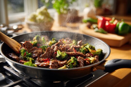 Home kitchen beef and broccoli stir-fry sizzling in a hot pan