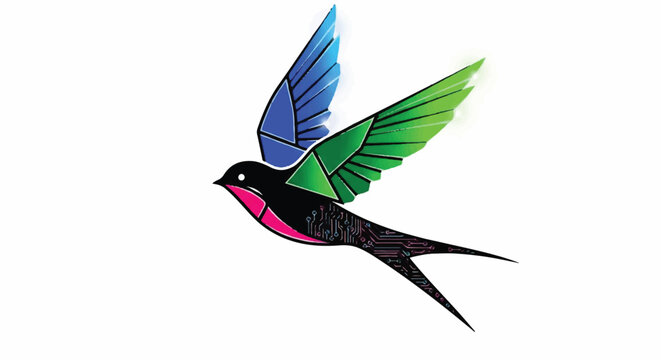 A colorful bird with blue green wings and pink chest flies through the air.