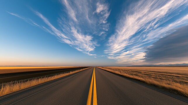 Empty straight asphalt highway road with double yellow line stretching through golden grass fields under blue sky with wispy clouds during sunset