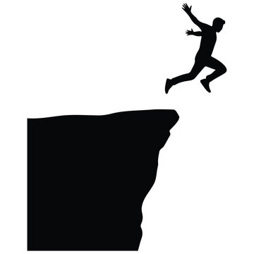 Silhouette illustration of a person jumping off a cliff edge with vector line art style.