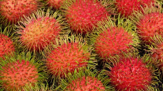 Full frame view of ripe red rambutan fruits neatly arranged and rotating on black background.