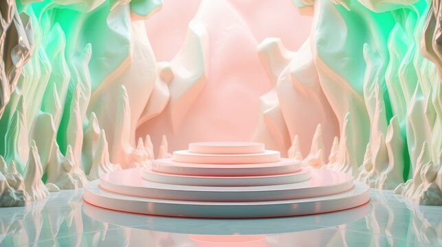 Abstract stage design. Soft pinks, teals create surreal cavern backdrop. Circular platforms center composition, illuminated brightly.