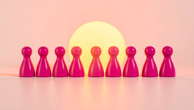 Seven pink pawns align before a glowing yellow sphere, symbolizing teamwork, collective focus, and shared vision toward a radiant common goal.